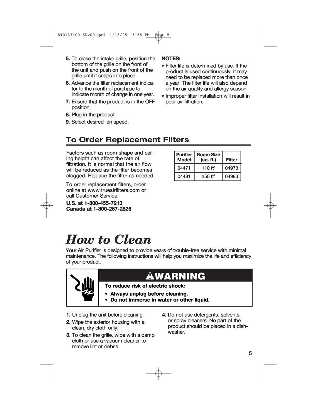 Hamilton Beach HEPA manual How to Clean, To Order Replacement Filters, U.S. at Canada at, To reduce risk of electric shock 