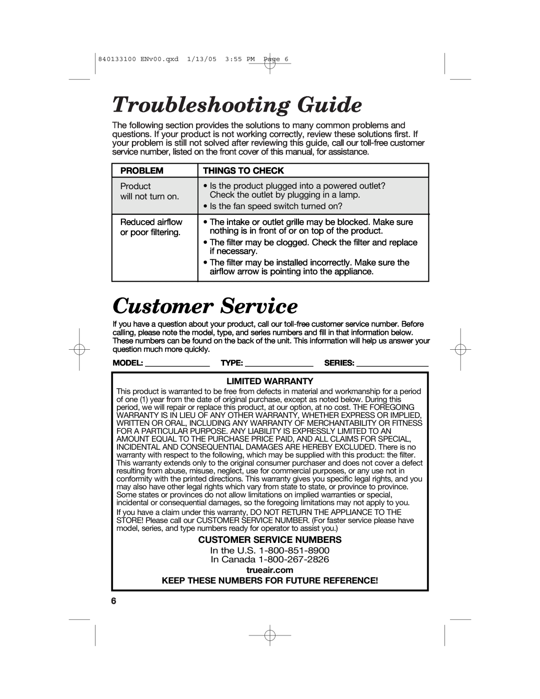 Hamilton Beach HEPA manual Troubleshooting Guide, Customer Service Numbers, Problem, Things To Check, Limited Warranty 
