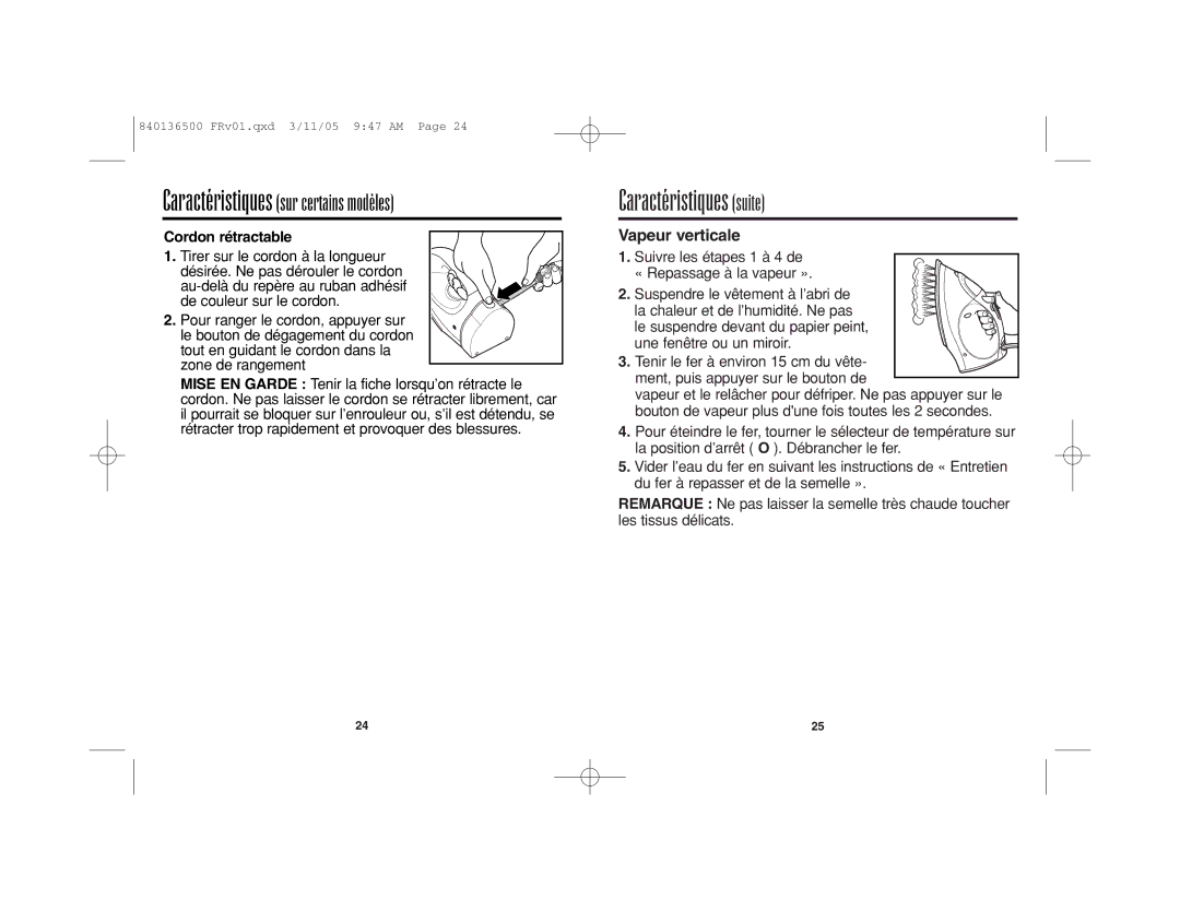 Hamilton Beach HIR800 manual Caractéristiques suite, Vapeur verticale, Cordon rétractable 