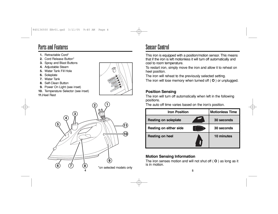Hamilton Beach HIR800 Parts and Features, Sensor Control, Position Sensing, Motion Sensing Information, Iron Position 