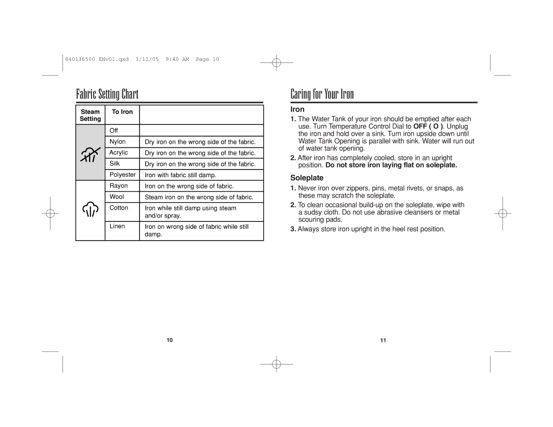 Hamilton Beach HIR800 manual Fabric Setting Chart, Caring for Your Iron, Soleplate, Steam To Iron Setting 