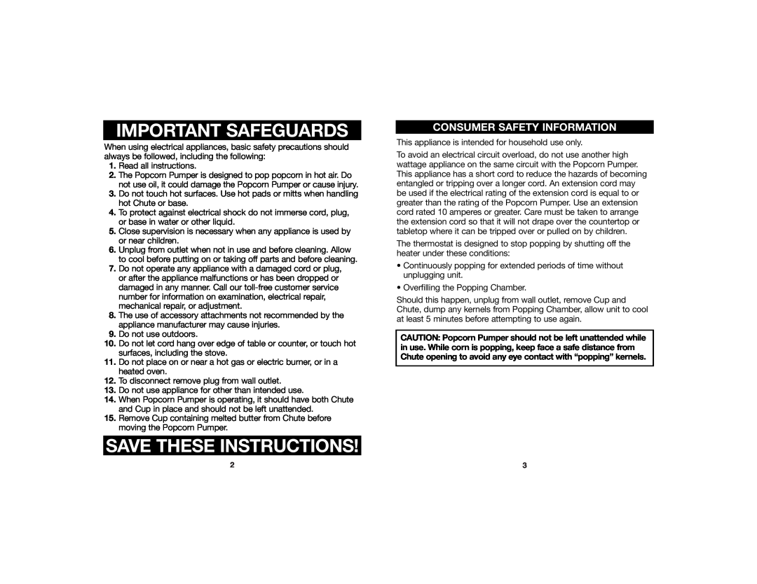 Hamilton Beach Hot Air Popcorn Pumper manual Important Safeguards, Save These Instructions, Consumer Safety Information 