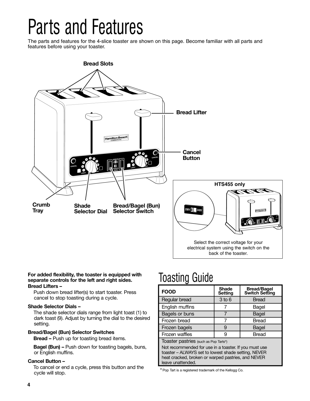 Hamilton Beach HTS450, HTS455 operation manual Parts and Features, Bread/Bagel Bun, Shade Selector Dials, Cancel Button 