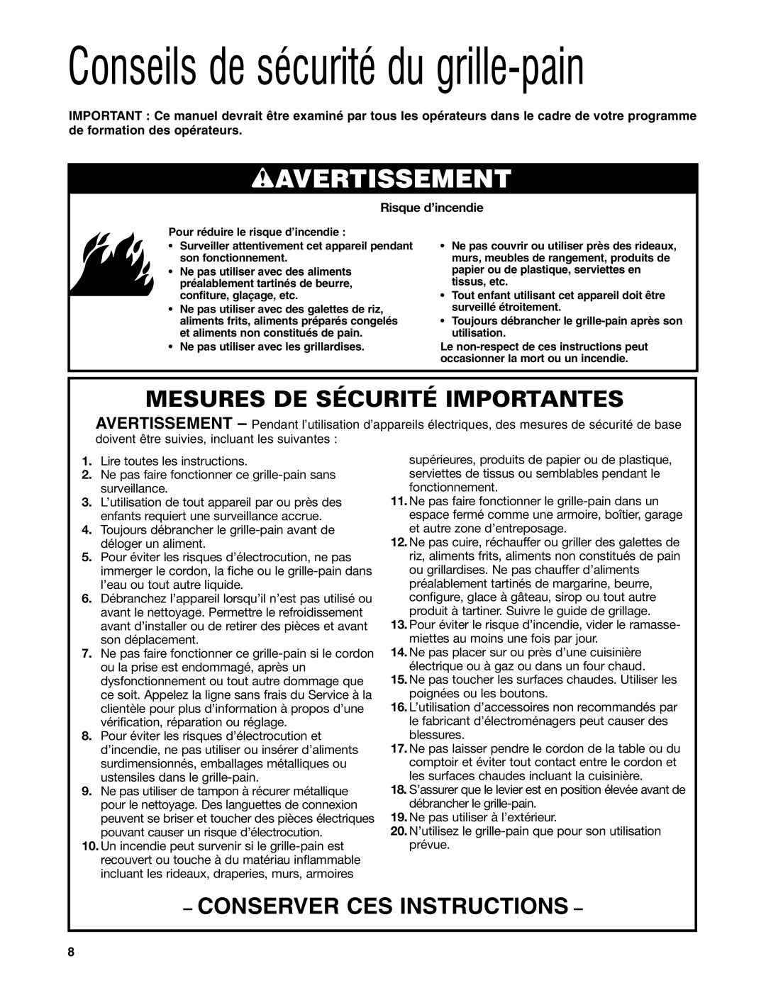 Hamilton Beach HTS450, HTS455 operation manual Conseils de sécurité du grille-pain, Risque d’incendie 