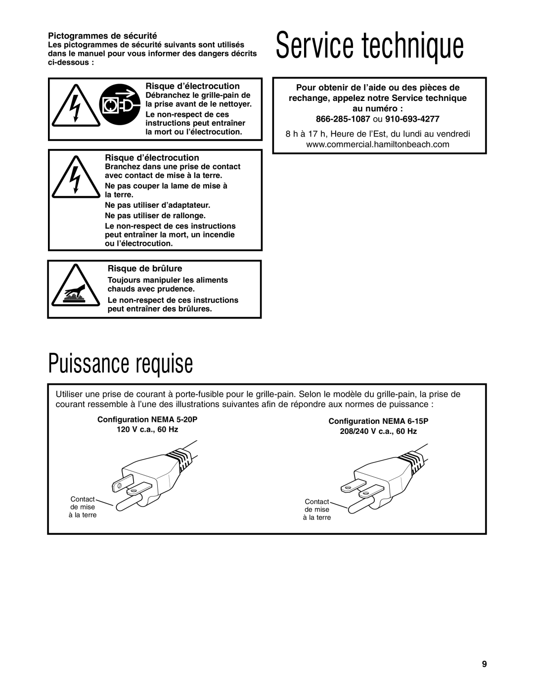 Hamilton Beach HTS455, HTS450 operation manual Pictogrammes de sécurité, Risque d’électrocution, Risque de brûlure 