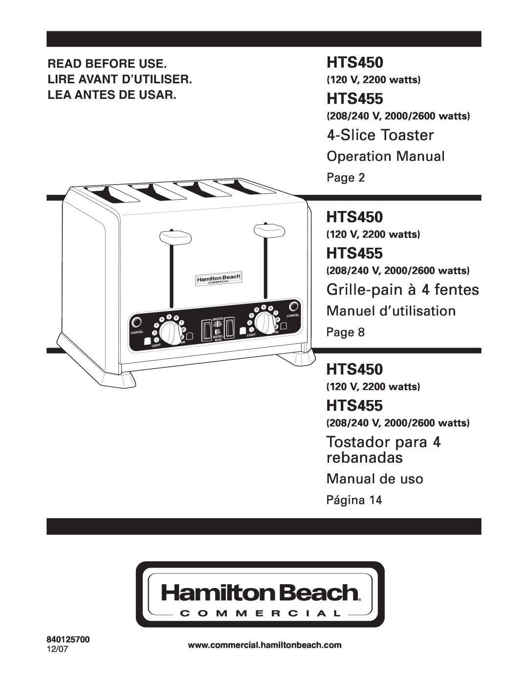 Hamilton Beach HTS455 operation manual HTS450, Slice Toaster, Grille-pain à 4 fentes, Tostador para 4 rebanadas, Page 
