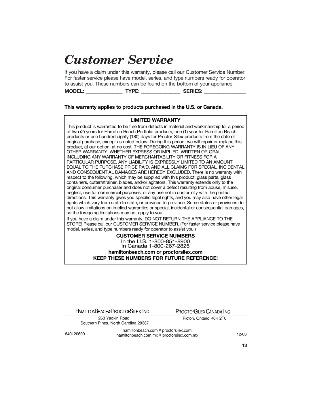 Hamilton Beach Ice Cream and Frozen Yogurt Maker manual Customer Service, Limited Warranty 