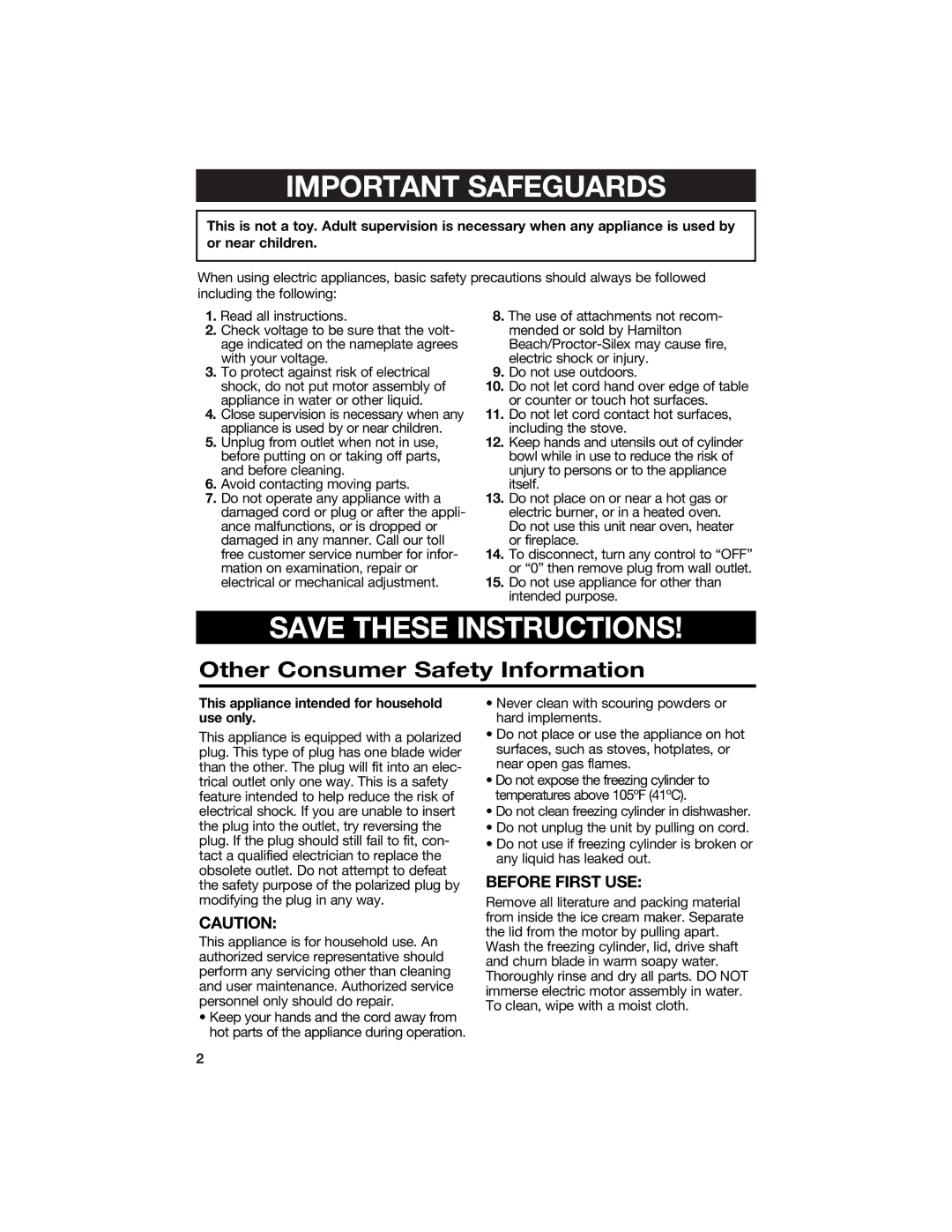 Hamilton Beach Ice Cream and Frozen Yogurt Maker manual Important Safeguards 