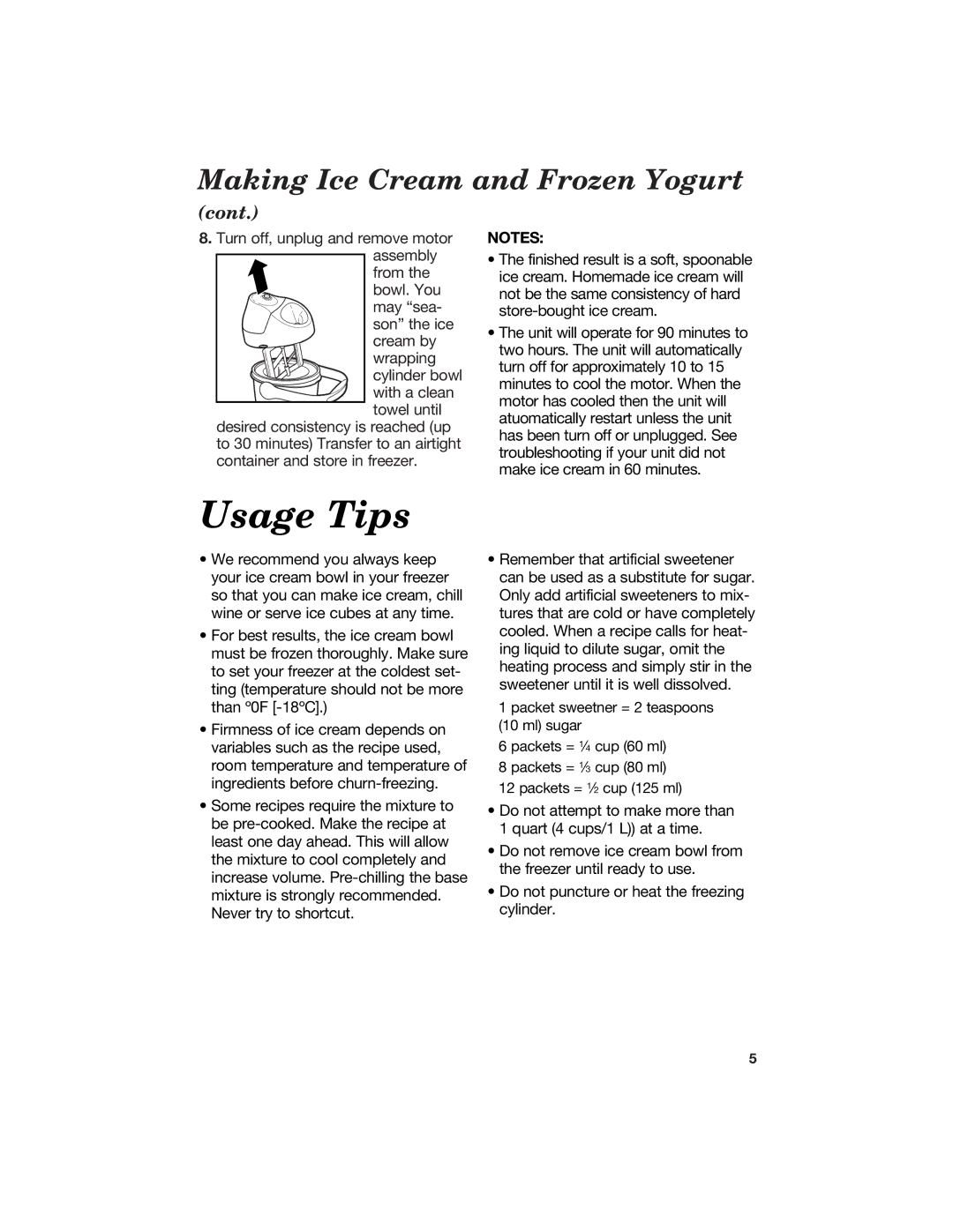 Hamilton Beach Ice Cream and Frozen Yogurt Maker manual Usage Tips, Cont 