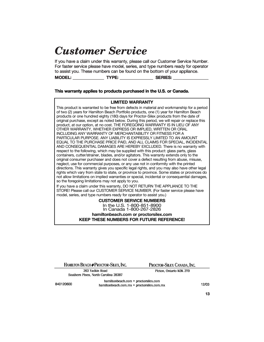 Hamilton Beach Ice Cream and Frozen Yogurt Maker Customer Service, Model Type Series, Limited Warranty, Proctor-Silex, Inc 