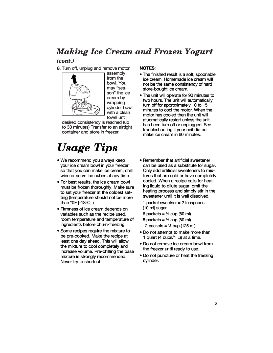 Hamilton Beach Ice Cream and Frozen Yogurt Maker manual Usage Tips, Making Ice Cream and Frozen Yogurt, cont 