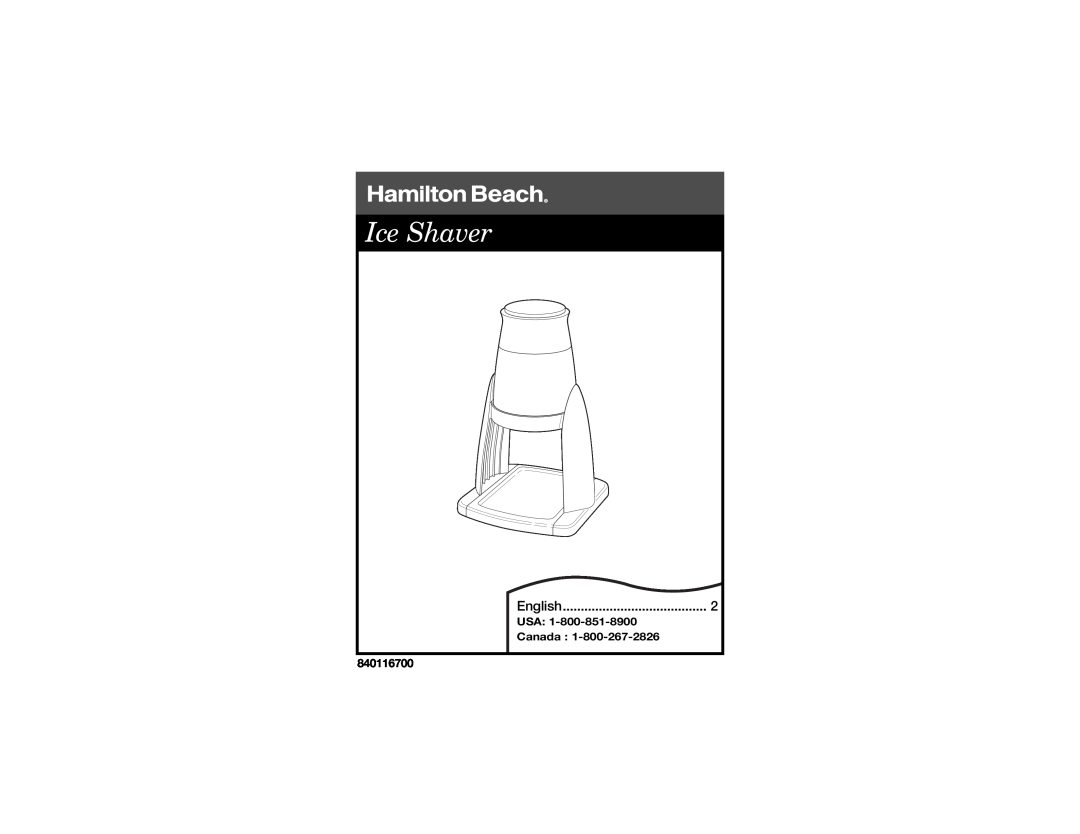 Hamilton Beach Ice Shaver manual English, USA Canada, 840116700 