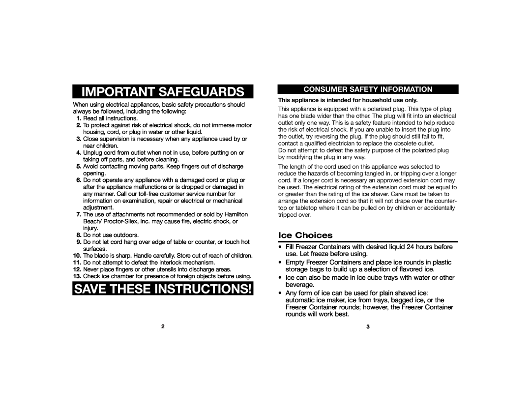 Hamilton Beach Ice Shaver manual Ice Choices, Important Safeguards, Save These Instructions, Consumer Safety Information 