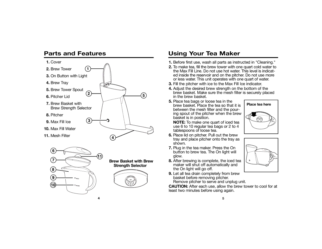 Hamilton Beach Iced Tea Maker manual Parts and Features, Using Your Tea Maker 