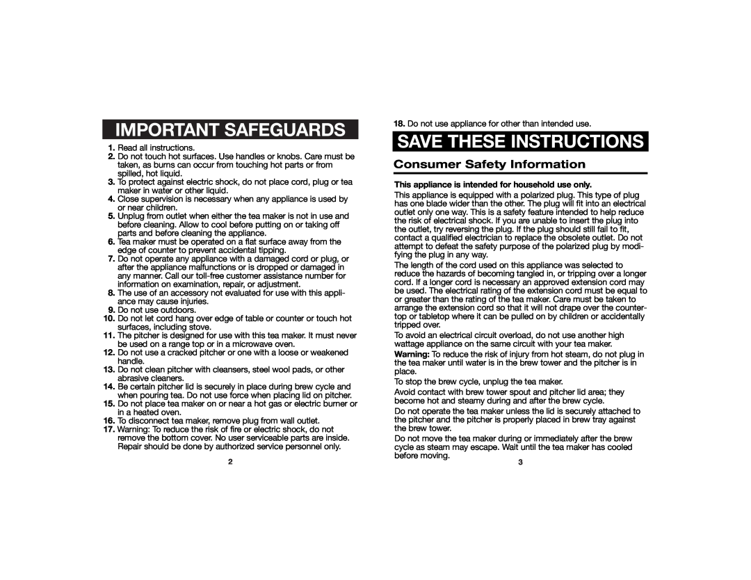 Hamilton Beach Iced Tea Maker manual Important Safeguards, Save These Instructions, Consumer Safety Information 