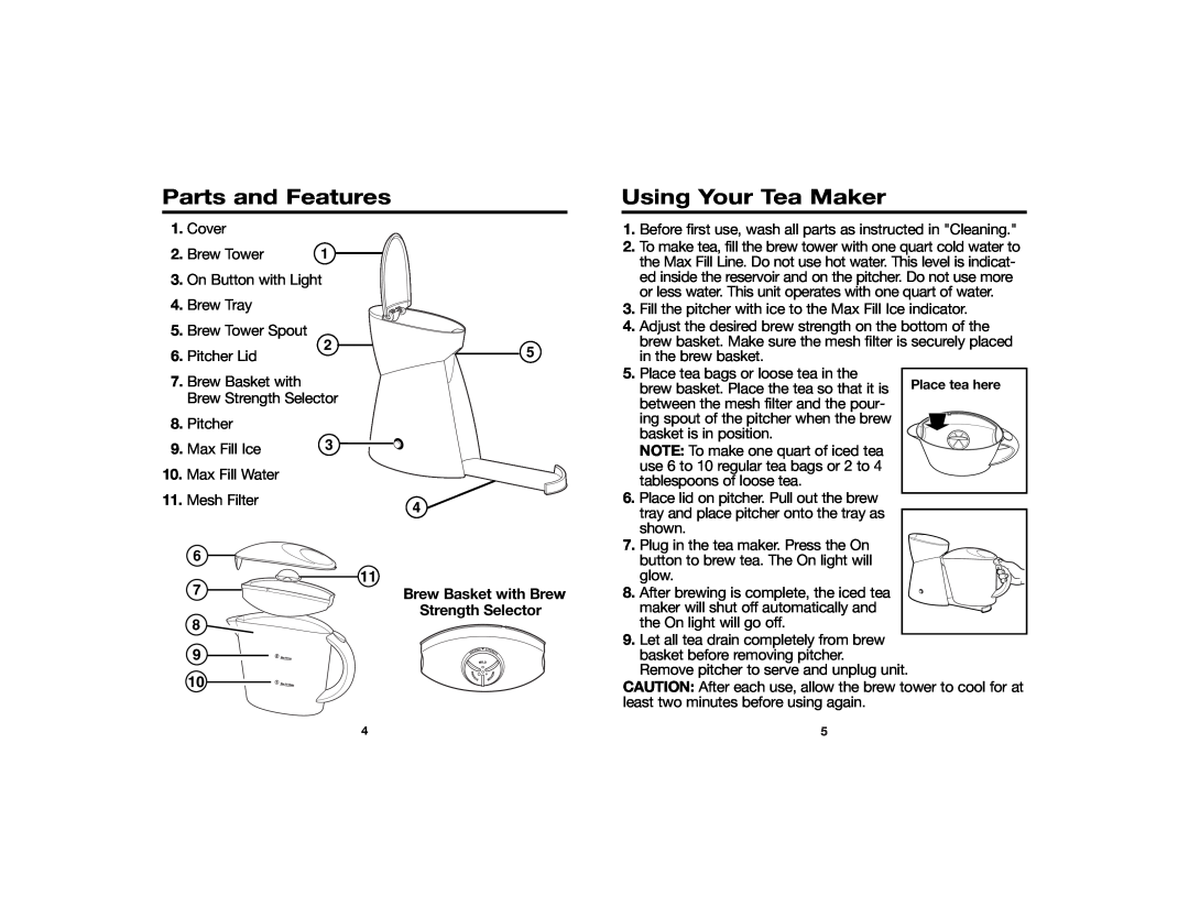 Hamilton Beach Iced Tea Maker manual Parts and Features, Using Your Tea Maker, Brew Basket with Brew Strength Selector 