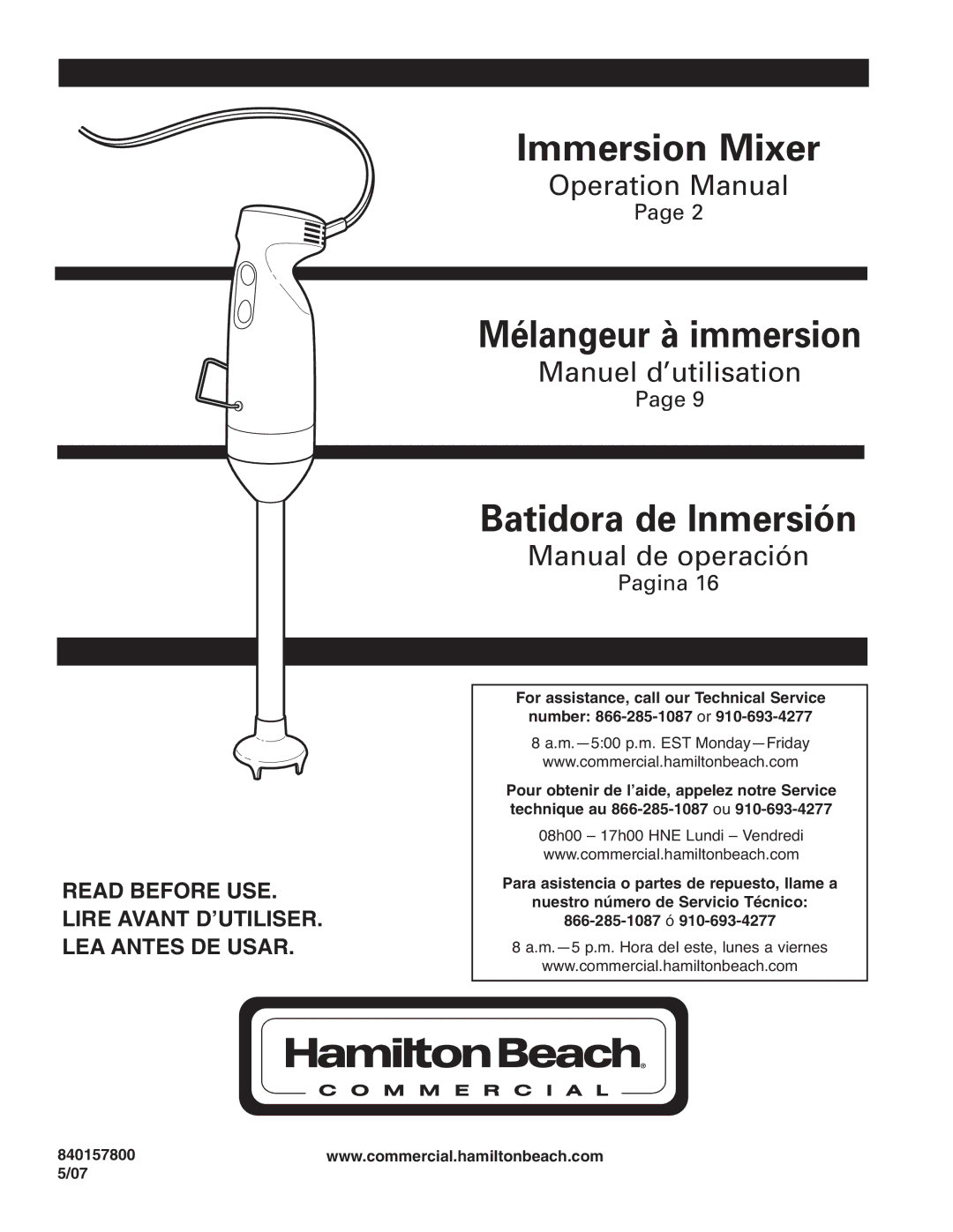 Hamilton Beach Immersion Mixer operation manual Batidora de Inmersión, 840157800 