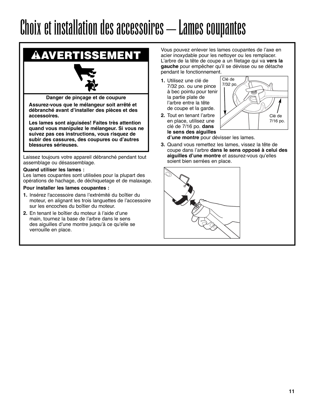 Hamilton Beach Immersion Mixer Quand utiliser les lames, Pour installer les lames coupantes, Le sens des aiguilles 