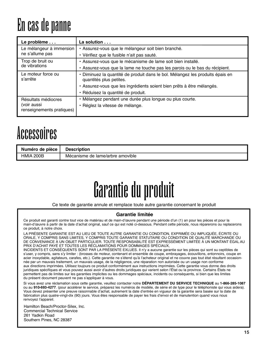 Hamilton Beach Immersion Mixer operation manual Garantie du produit, En cas de panne, Accessoires, Garantie limitée 