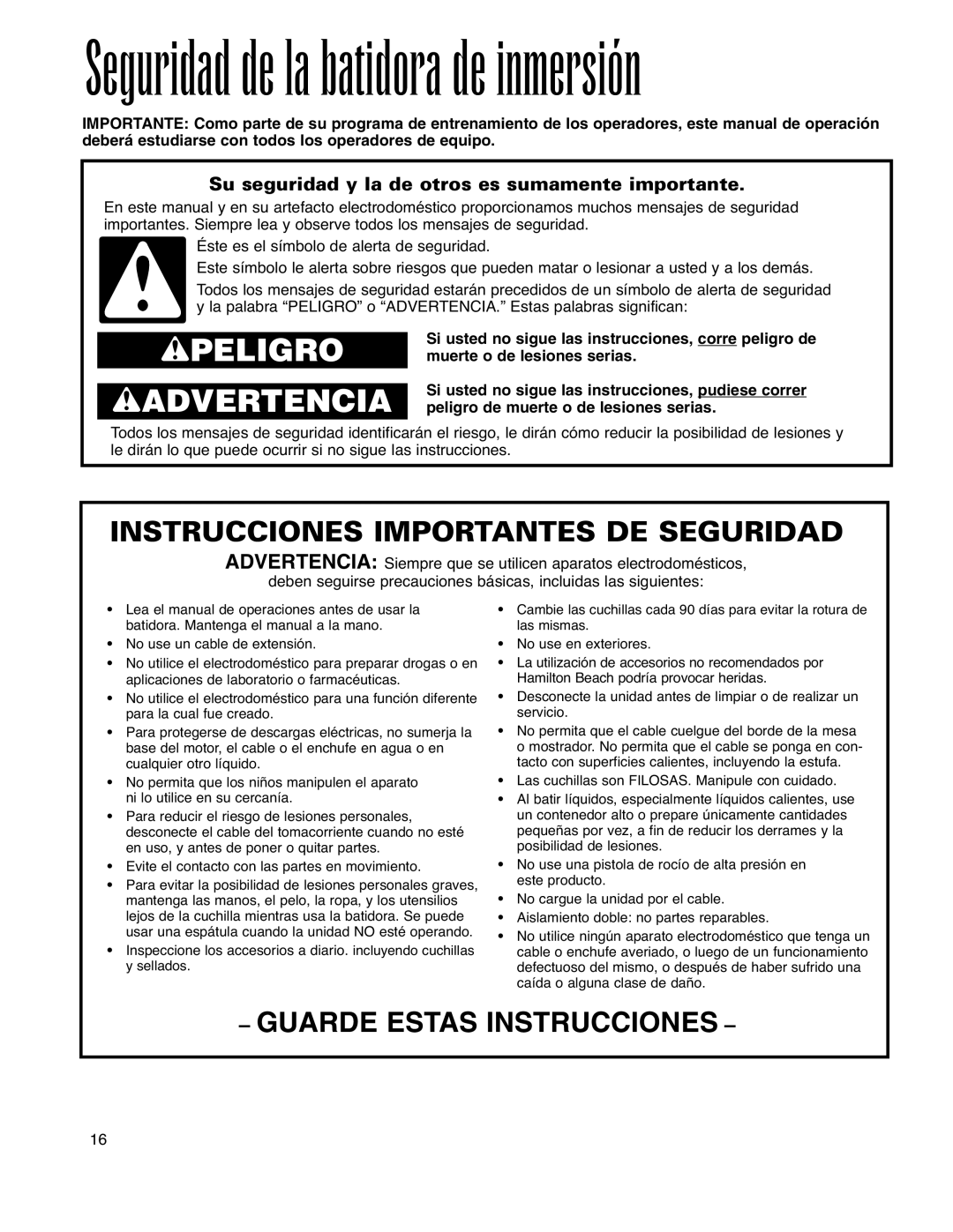 Hamilton Beach Immersion Mixer Seguridad de la batidora de inmersión, Su seguridad y la de otros es sumamente importante 