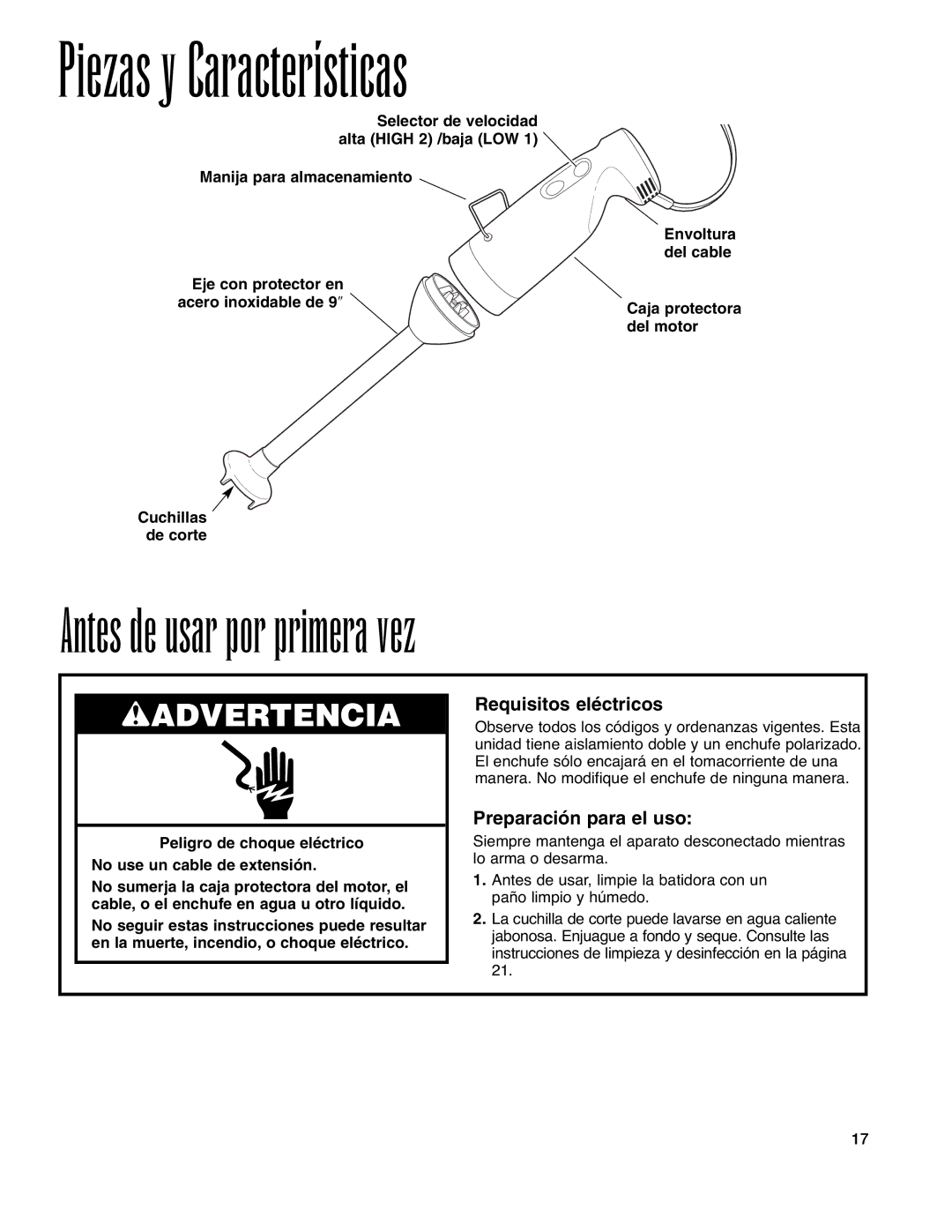 Hamilton Beach Immersion Mixer Piezas y Características, Antes de usar por primera vez, Requisitos eléctricos 