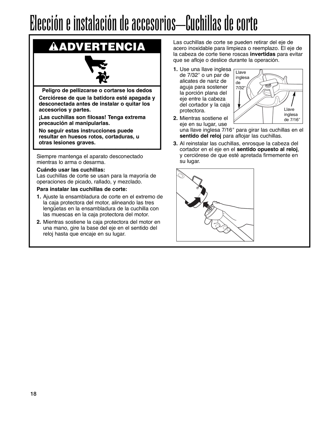 Hamilton Beach Immersion Mixer operation manual Cuándo usar las cuchillas, Para instalar las cuchillas de corte 