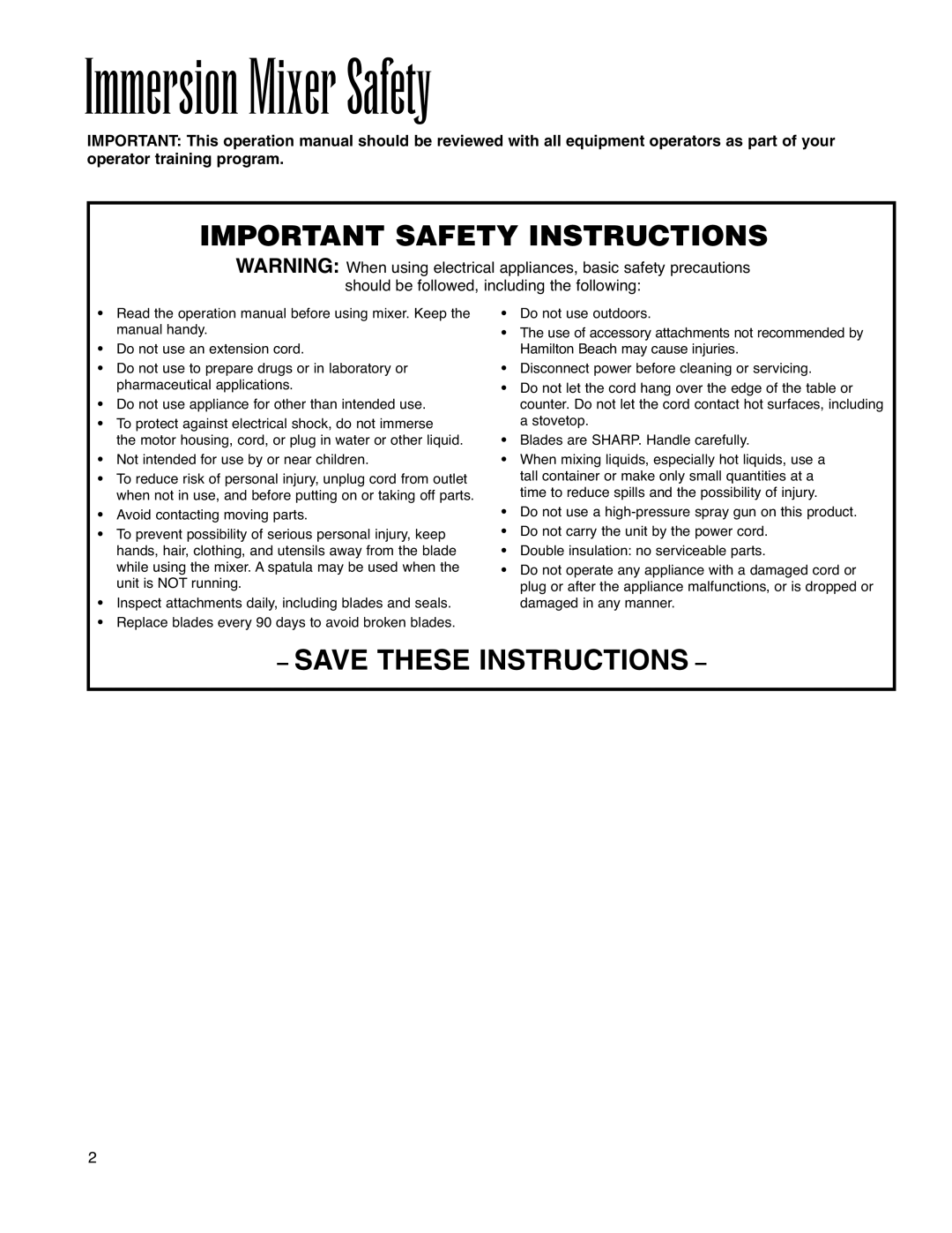 Hamilton Beach operation manual Immersion Mixer Safety, Important Safety Instructions 