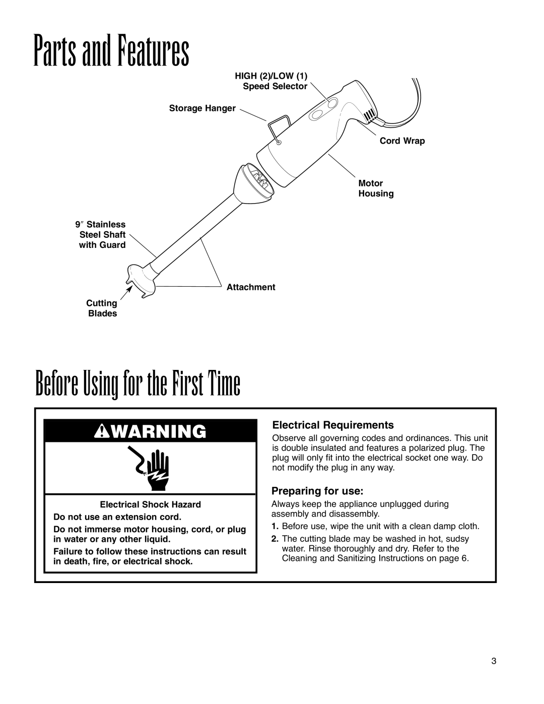 Hamilton Beach Immersion Mixer Parts and Features, Before Using for the First Time, Electrical Requirements 