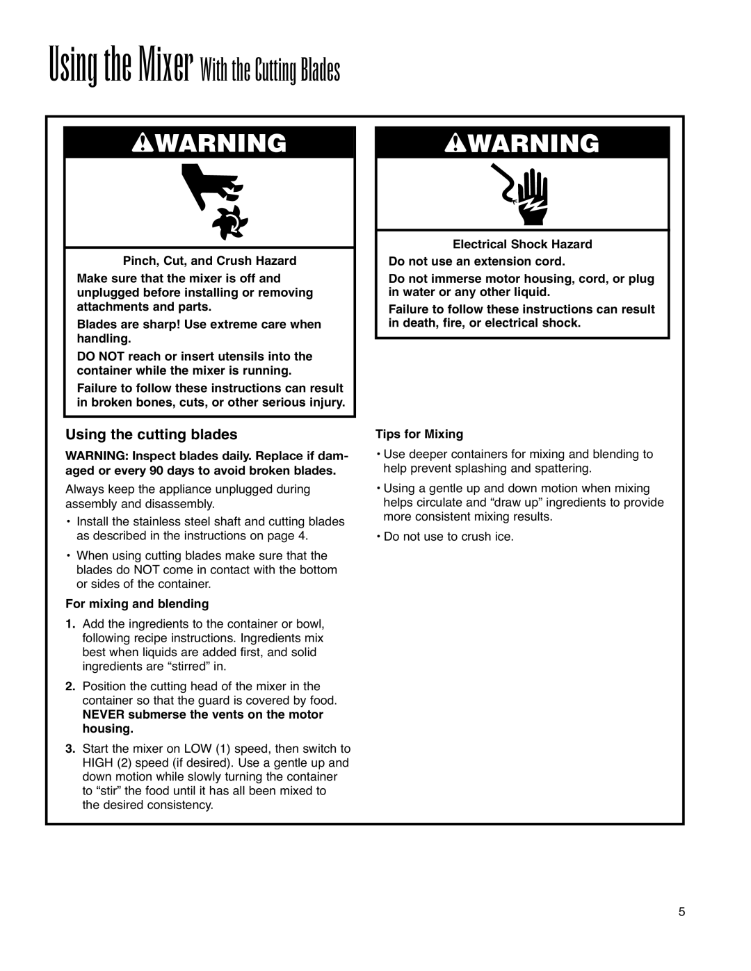 Hamilton Beach Immersion Mixer operation manual Using the cutting blades, For mixing and blending 