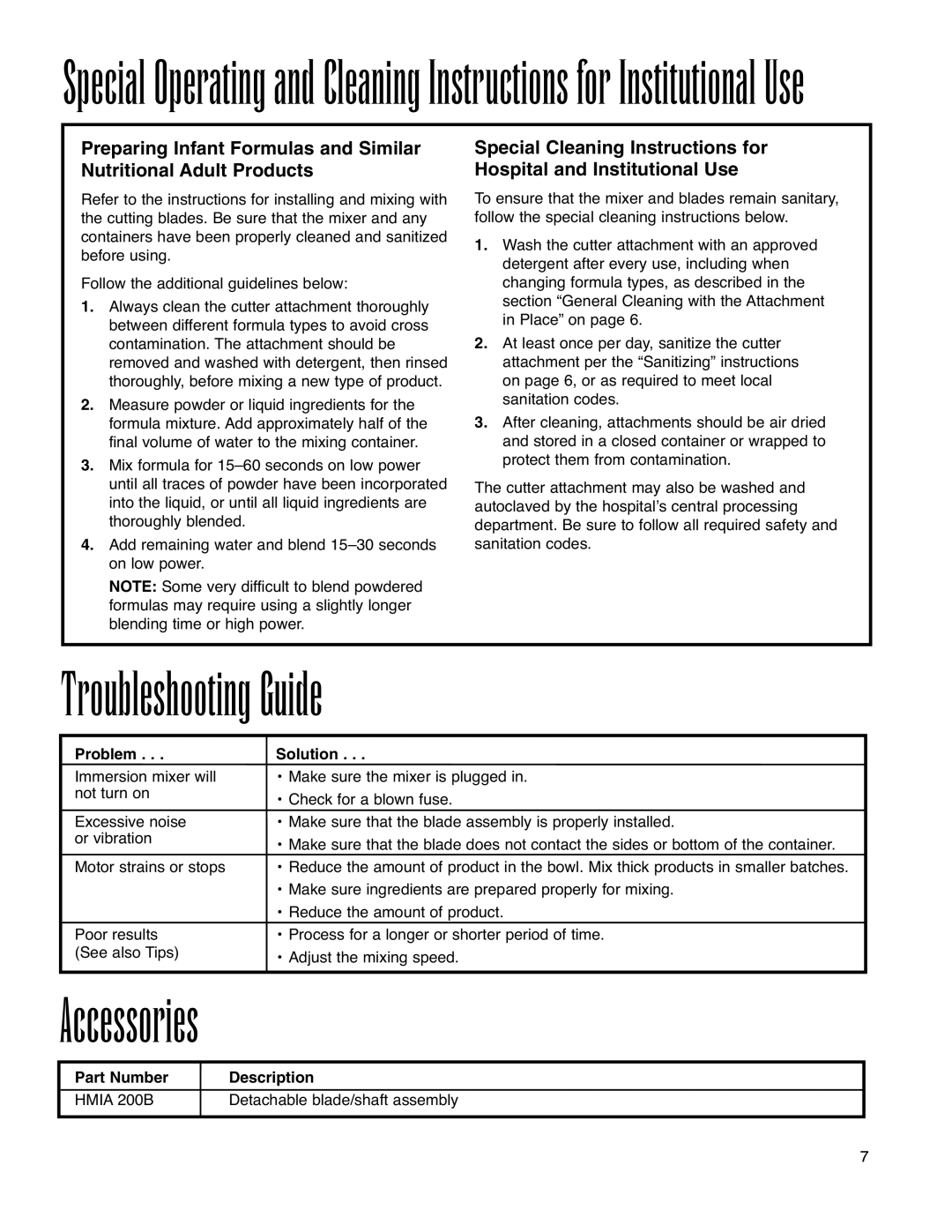 Hamilton Beach Immersion Mixer Troubleshooting Guide, Accessories, Problem Solution, Part Number Description 