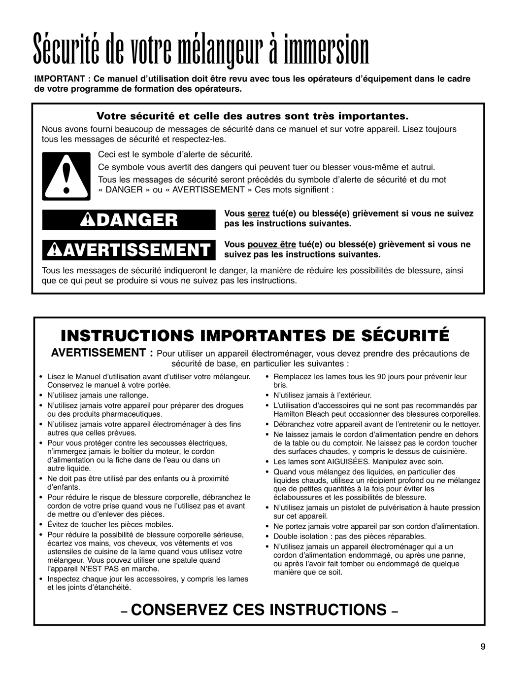 Hamilton Beach Immersion Mixer operation manual Sécurité de votre mélangeur à immersion 