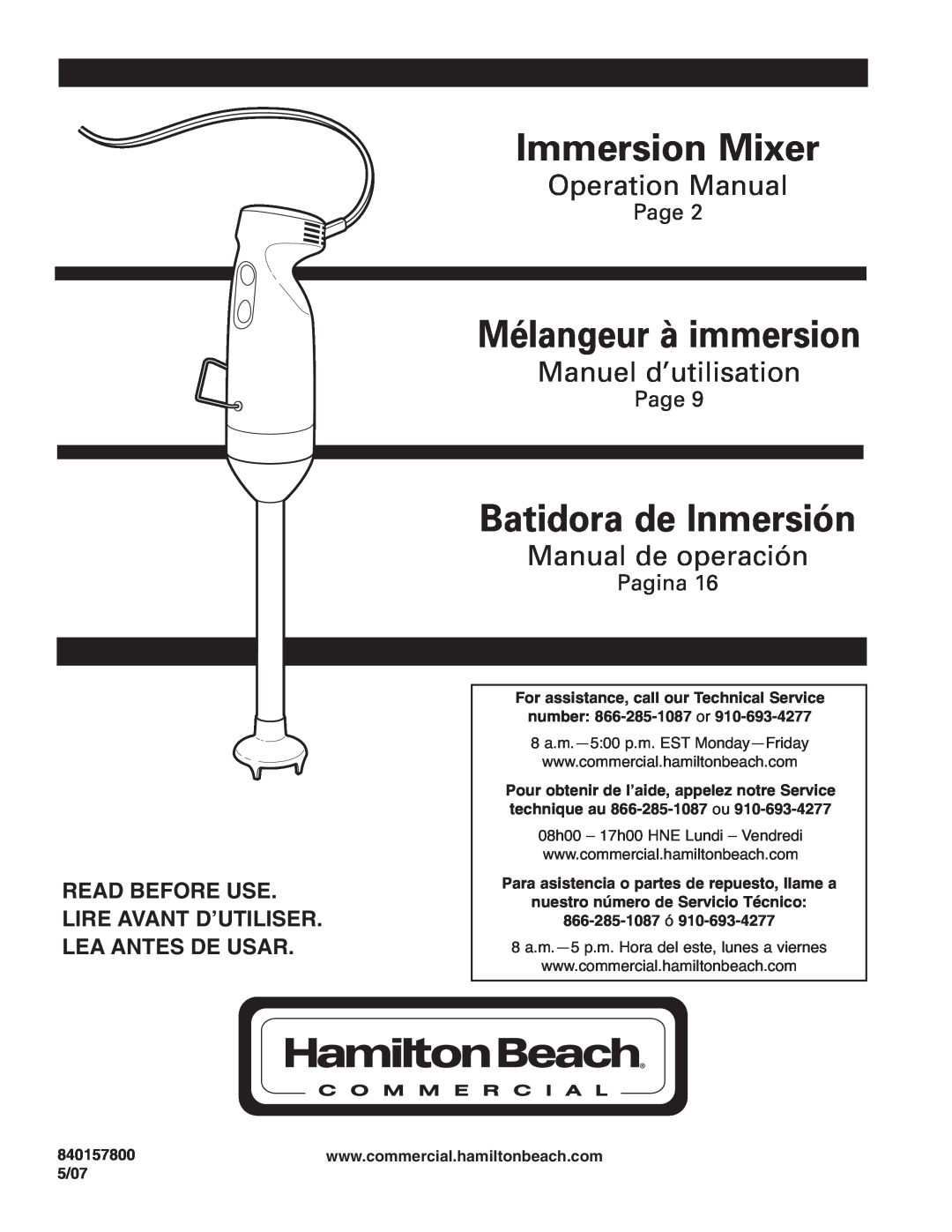 Hamilton Beach Immersion Mixer operation manual Mélangeur à immersion, Batidora de Inmersión, Manuel d’utilisation, Page 