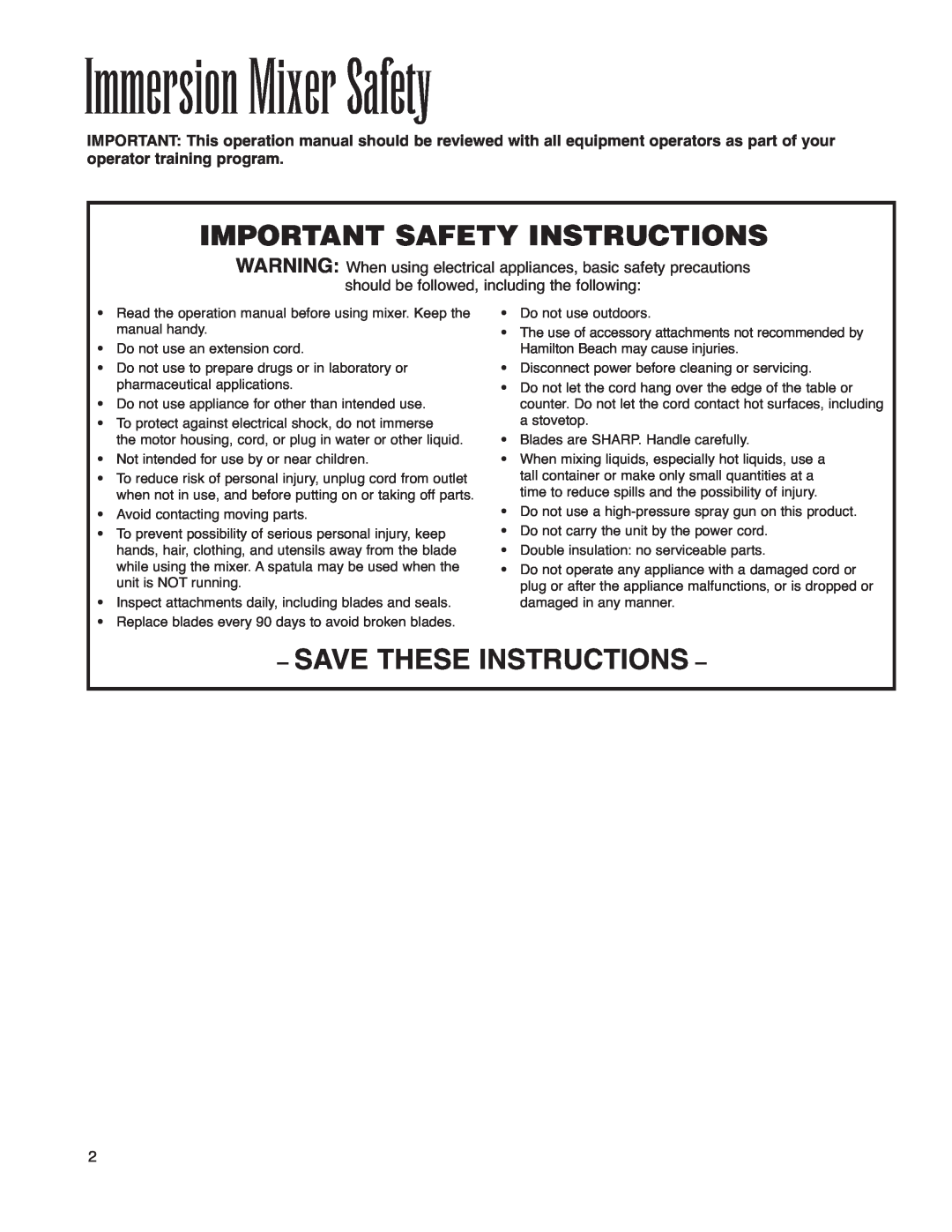 Hamilton Beach operation manual Immersion Mixer Safety, Important Safety Instructions, Save These Instructions 
