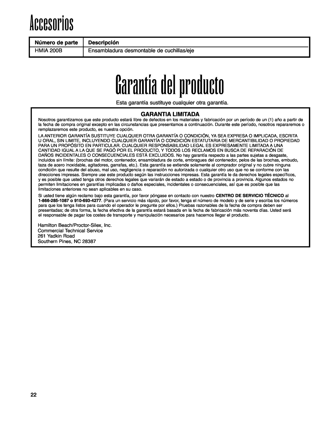 Hamilton Beach Immersion Mixer operation manual Garantía del producto, Accesorios, Garantia Limitada 