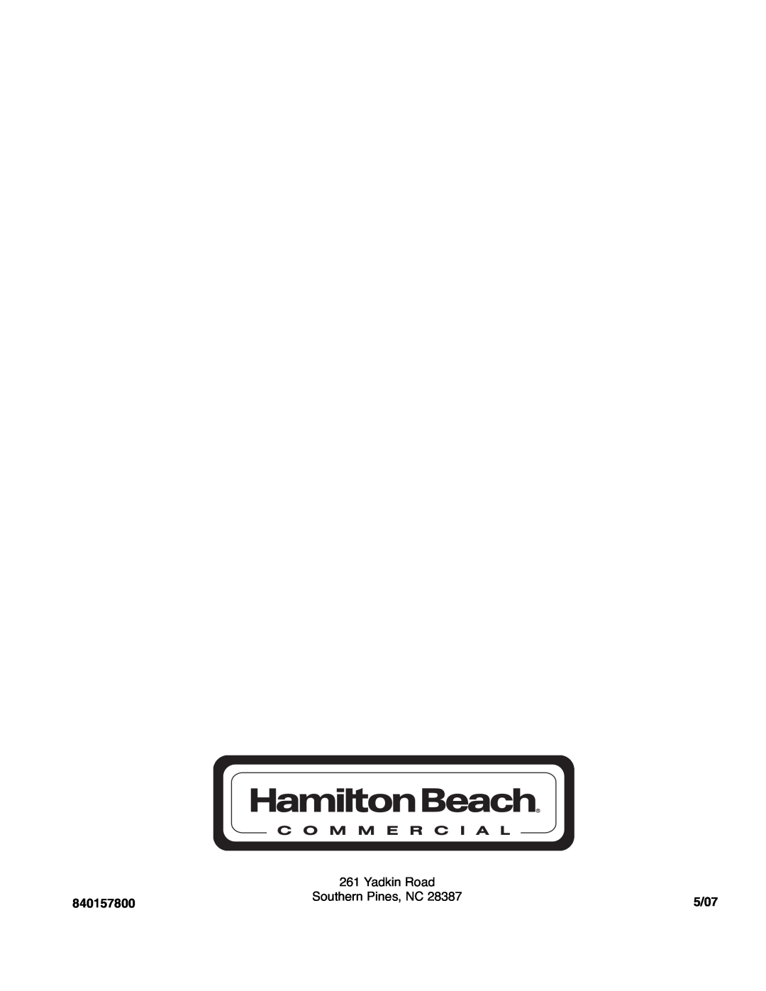 Hamilton Beach Immersion Mixer operation manual Yadkin Road, 840157800, Southern Pines, NC, 5/07 