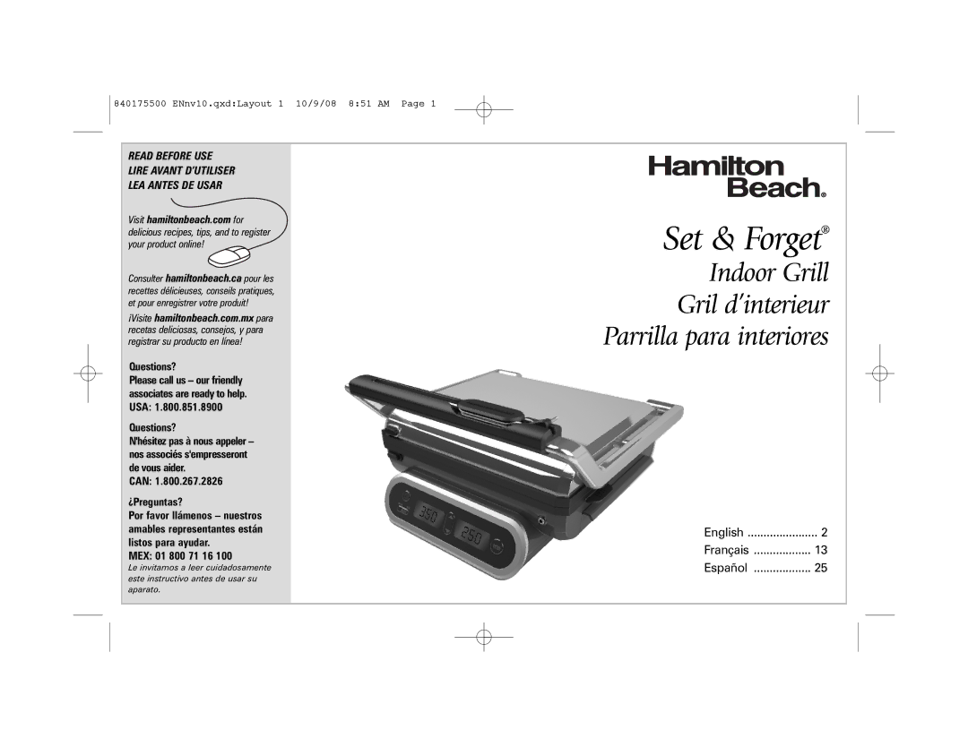 Hamilton Beach manual Indoor Grill Gril d’interieur Parrilla para interiores 