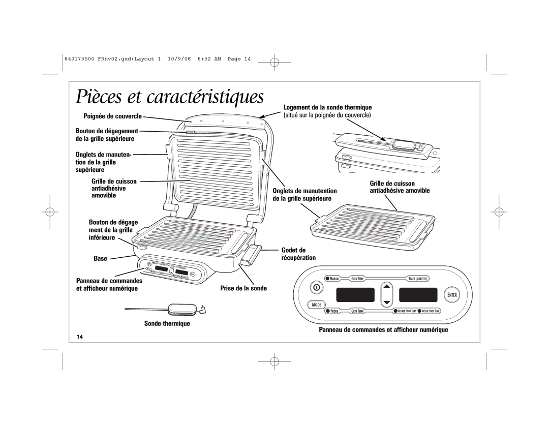 Hamilton Beach Indoor Grill manual Pièces et caractéristiques 