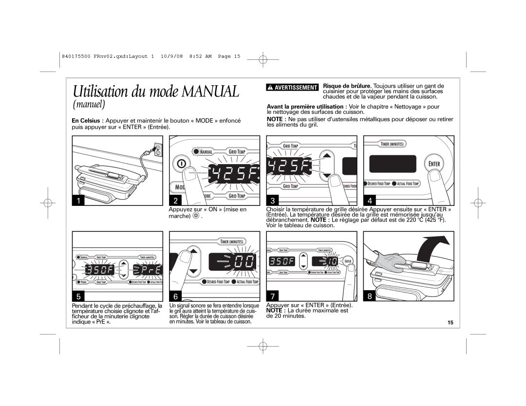 Hamilton Beach Indoor Grill manual Utilisation du mode Manual, Manuel 