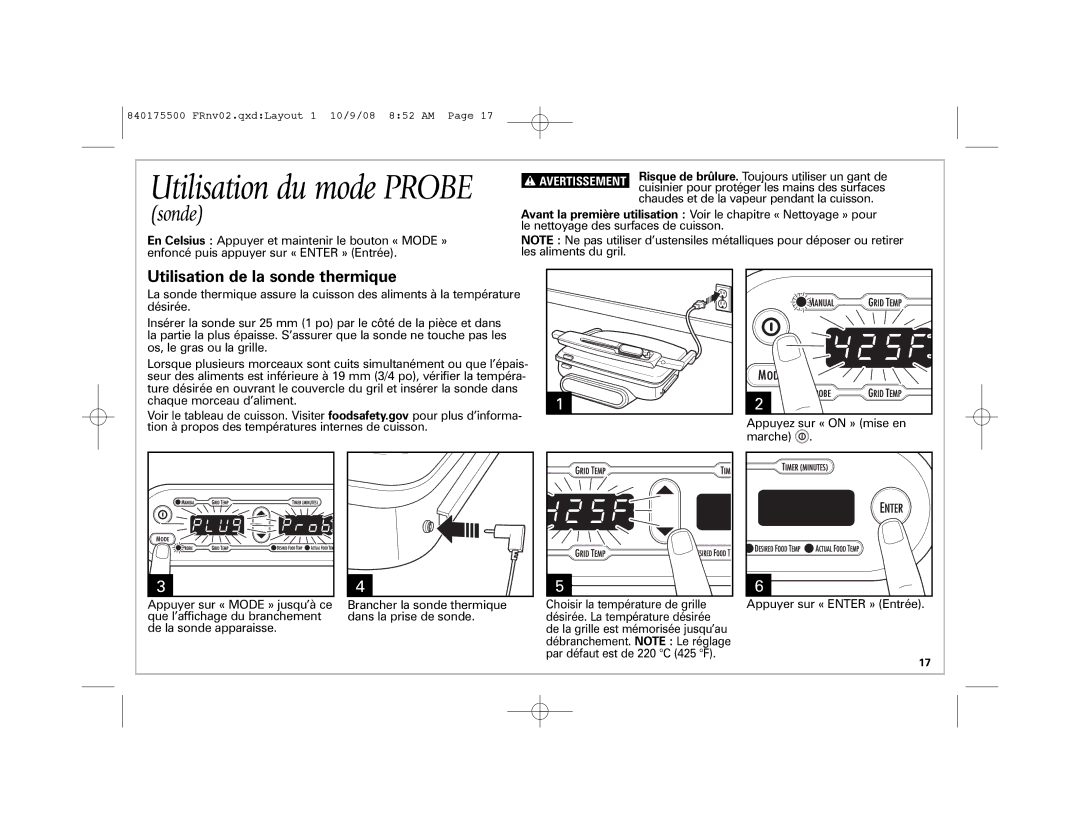 Hamilton Beach Indoor Grill manual Utilisation du mode Probe, Sonde 