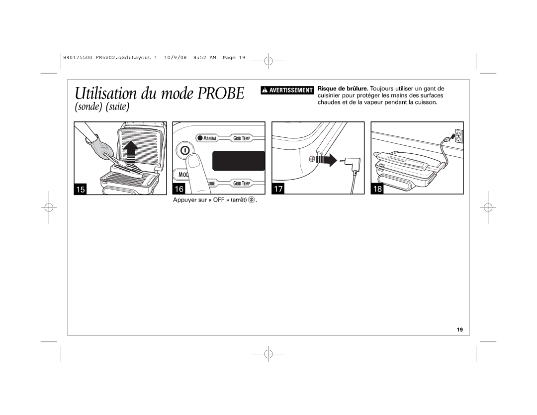 Hamilton Beach Indoor Grill manual Utilisation du mode Probe 