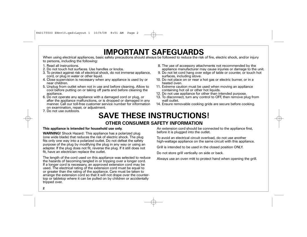 Hamilton Beach Indoor Grill manual Important Safeguards 