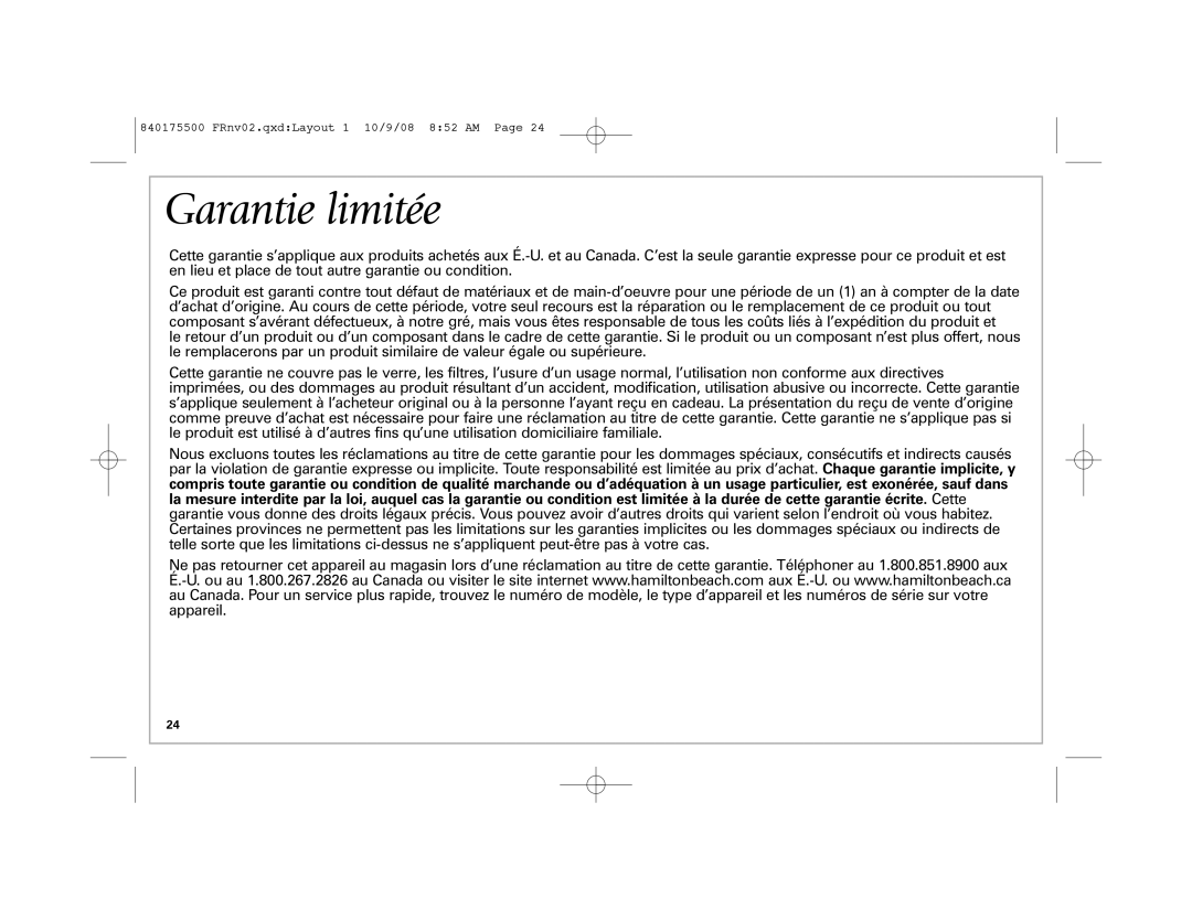 Hamilton Beach Indoor Grill manual Garantie limitée 