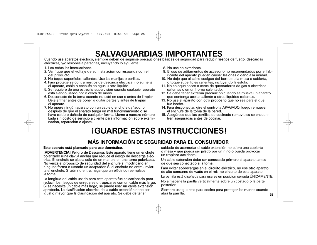 Hamilton Beach Indoor Grill manual Salvaguardias Importantes 