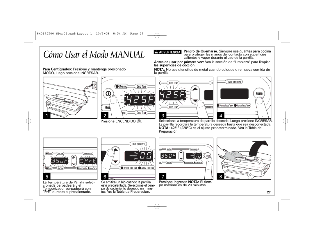 Hamilton Beach Indoor Grill manual Cómo Usar el Modo Manual 