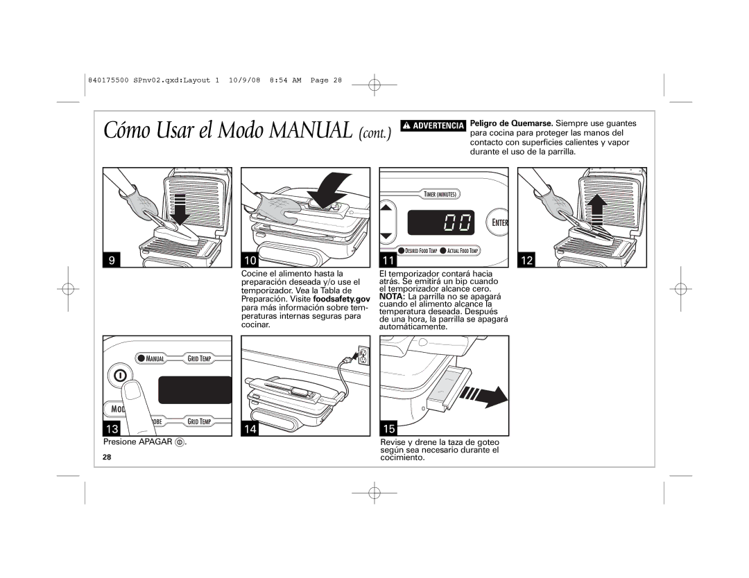 Hamilton Beach Indoor Grill manual Para cocina para proteger las manos del 