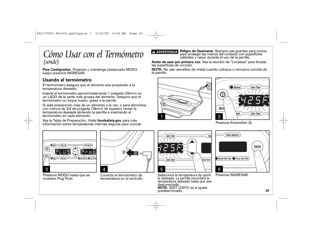 Hamilton Beach Indoor Grill manual Cómo Usar con el Termómetro, Usando el termómetro 