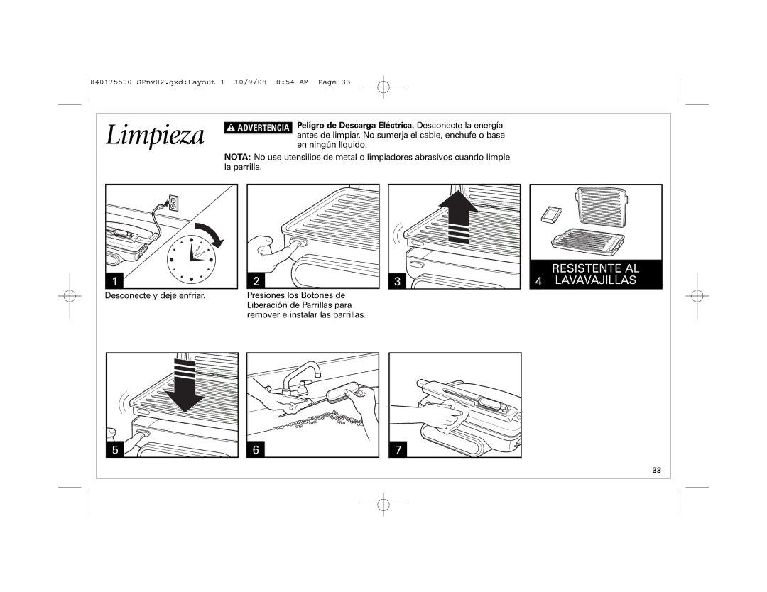 Hamilton Beach Indoor Grill manual Limpieza 