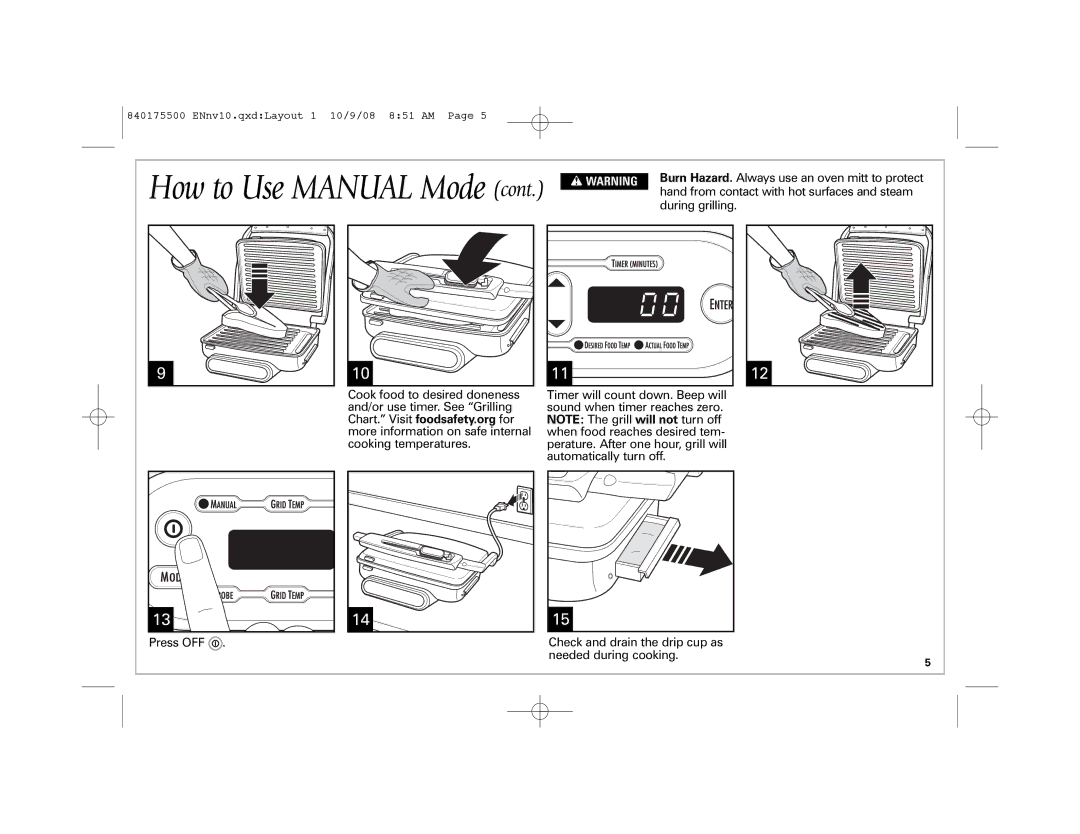 Hamilton Beach Indoor Grill manual Hand from contact with hot surfaces and steam 