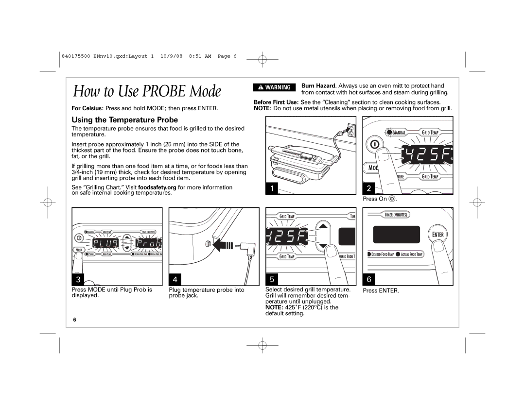 Hamilton Beach Indoor Grill manual How to Use Probe Mode, Using the Temperature Probe 