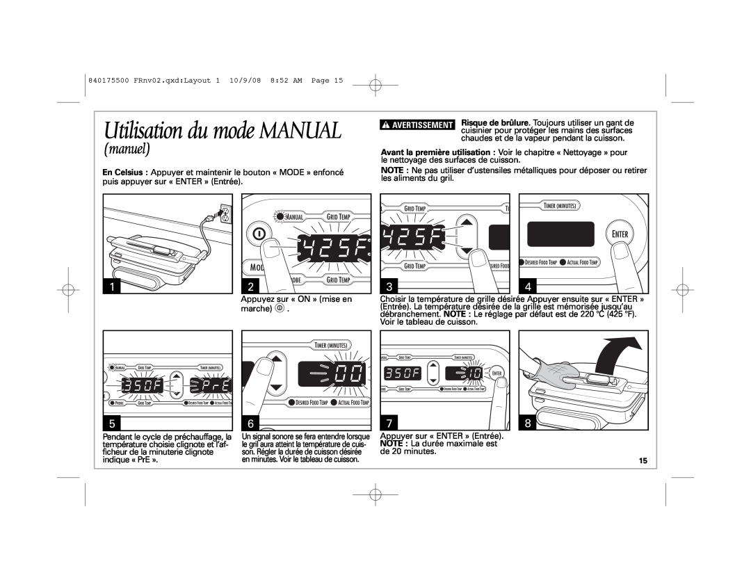 Hamilton Beach Indoor Grill manual Utilisation du mode MANUAL, manuel 